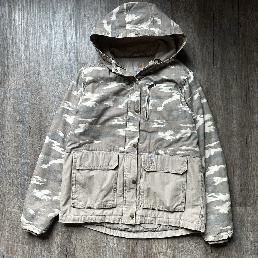 90s Carhartt Camo Zip Up Coat Detroit Jacket Style winter Small 4/6 Y2K Women's